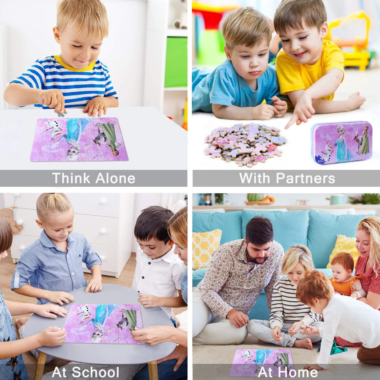 LELEMON Pretty Girl and Snowman 60-Piece Puzzles in Metal Box – Educational Jigsaws for Kids Aged 3-6