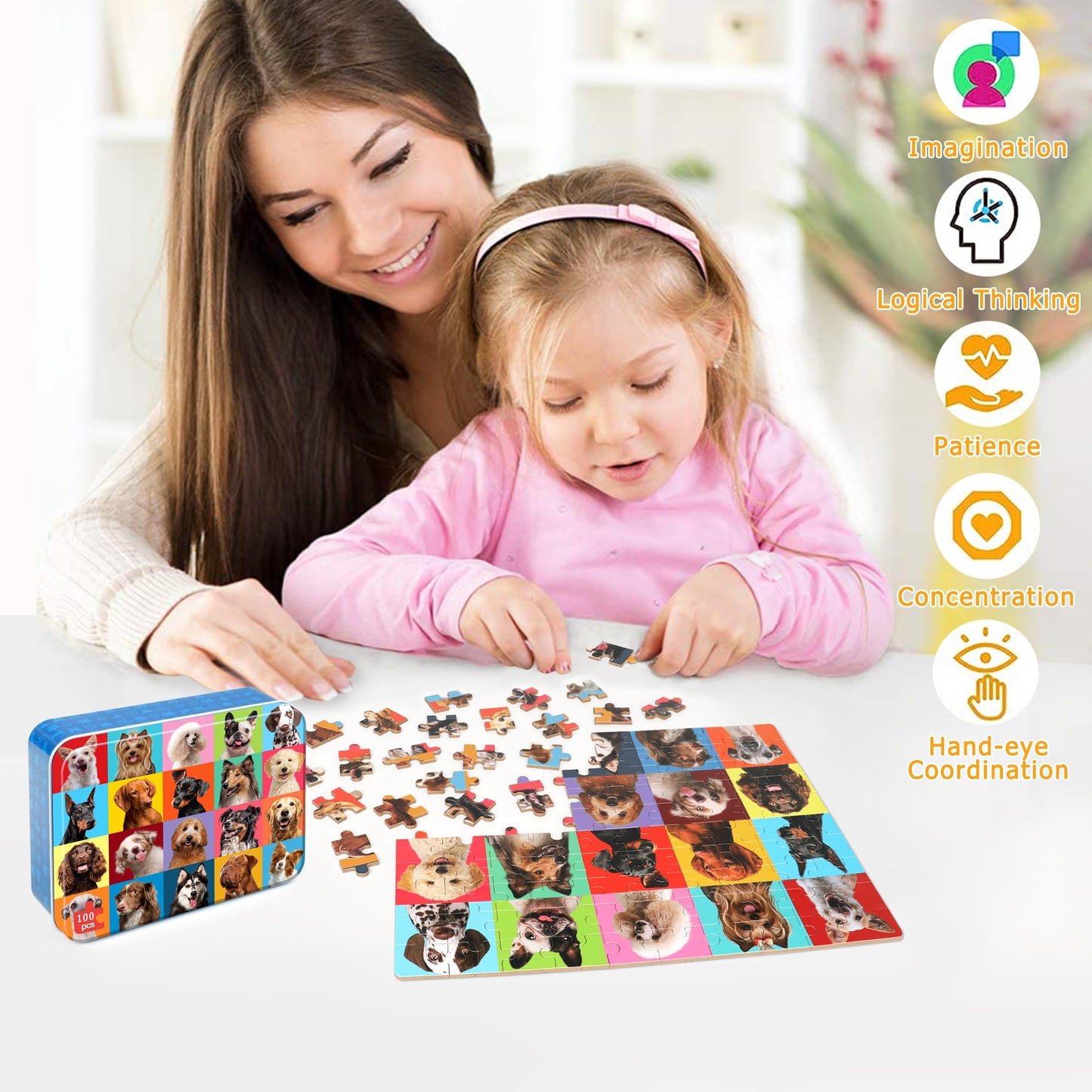 LELEMON 100-Piece Dog Puzzle for Kids 4-8 – Metal Box Educational Jigsaw Toy