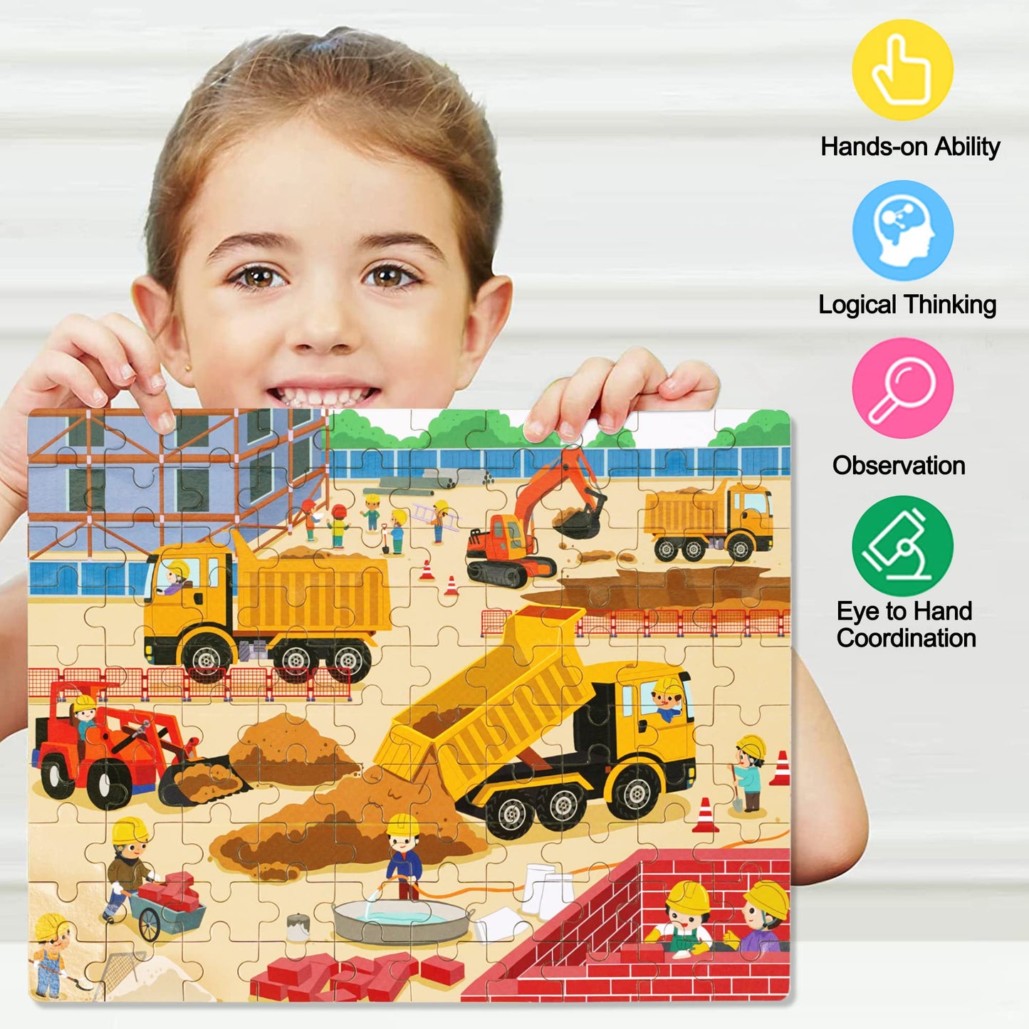 LELEMON 100-Piece Jigsaw Puzzles in Tin Box – Construction Site Vehicles for Kids 4-8