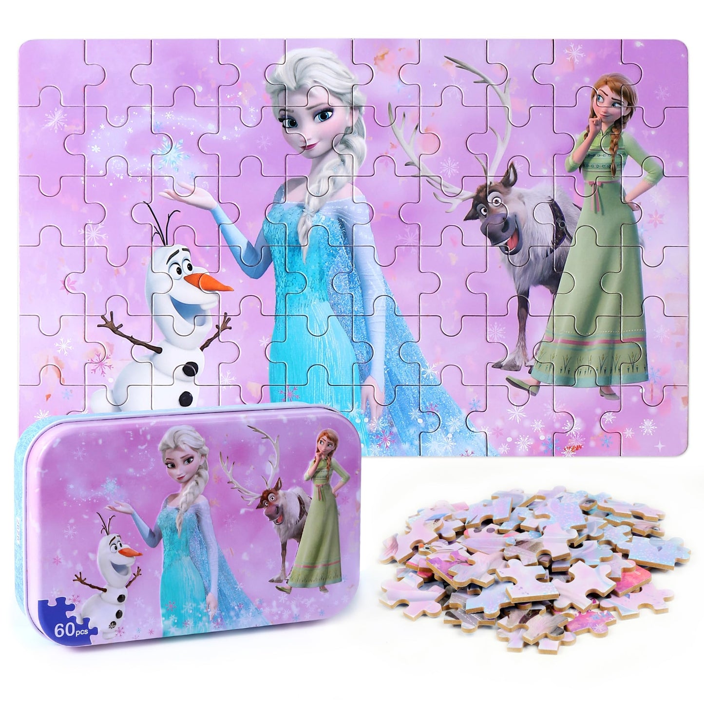 LELEMON Pretty Girl and Snowman 60-Piece Puzzles in Metal Box – Educational Jigsaws for Kids Aged 3-6