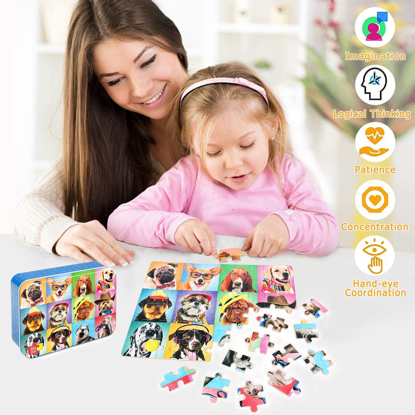 LELEMON Dog 60-Piece Puzzles for Kids 4-8 | Metal Tin Box & Educational Jigsaw Toy