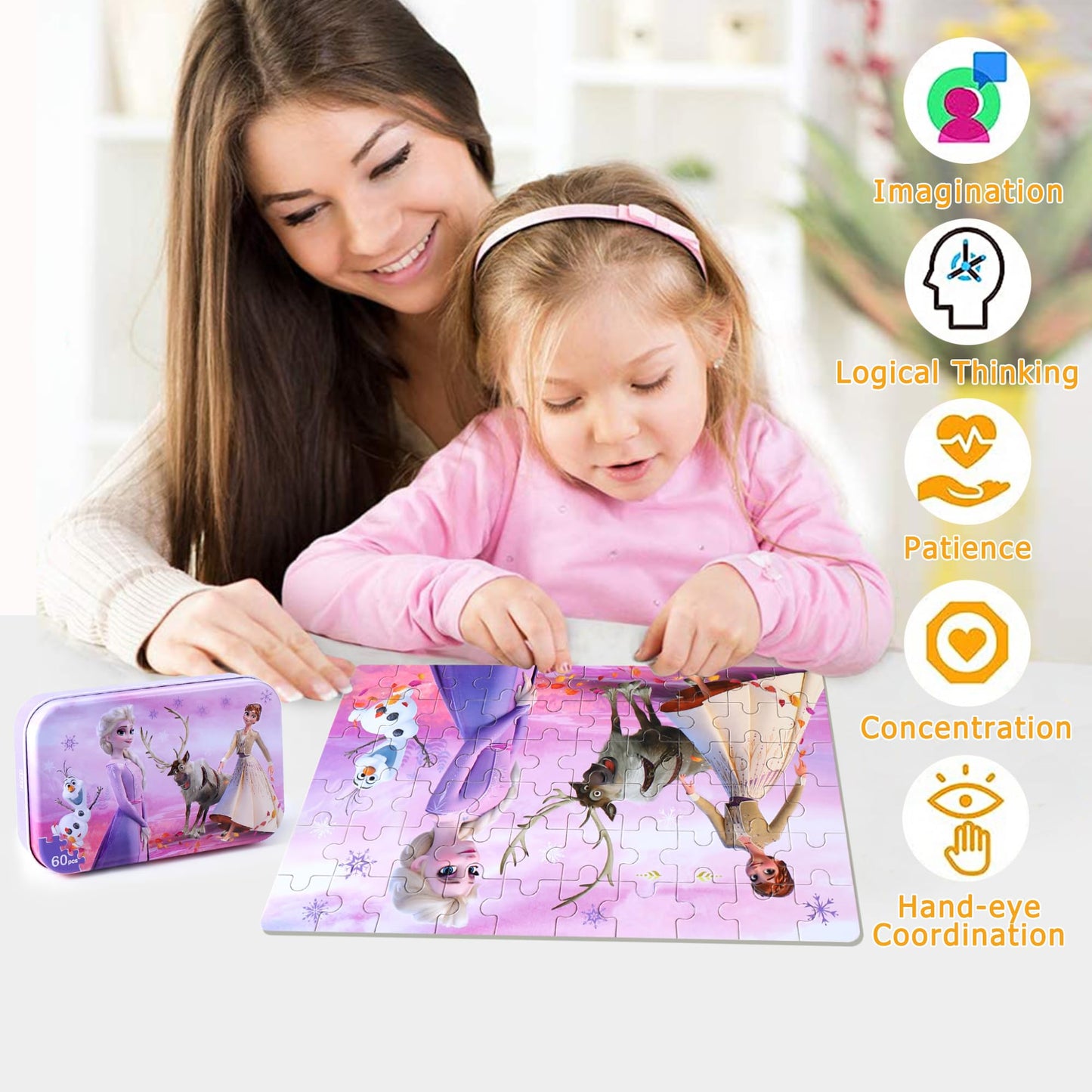 LELEMON Pretty Puzzles for Kids 4-6 — Snowmen 60-Piece Jigsaw in Metal Box