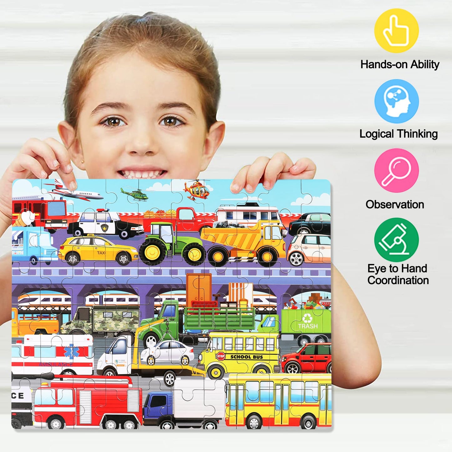 LELEMON 60-Piece Traffic Jam Puzzle for Kids 4-8 – Transportation Vehicles Educational Toy