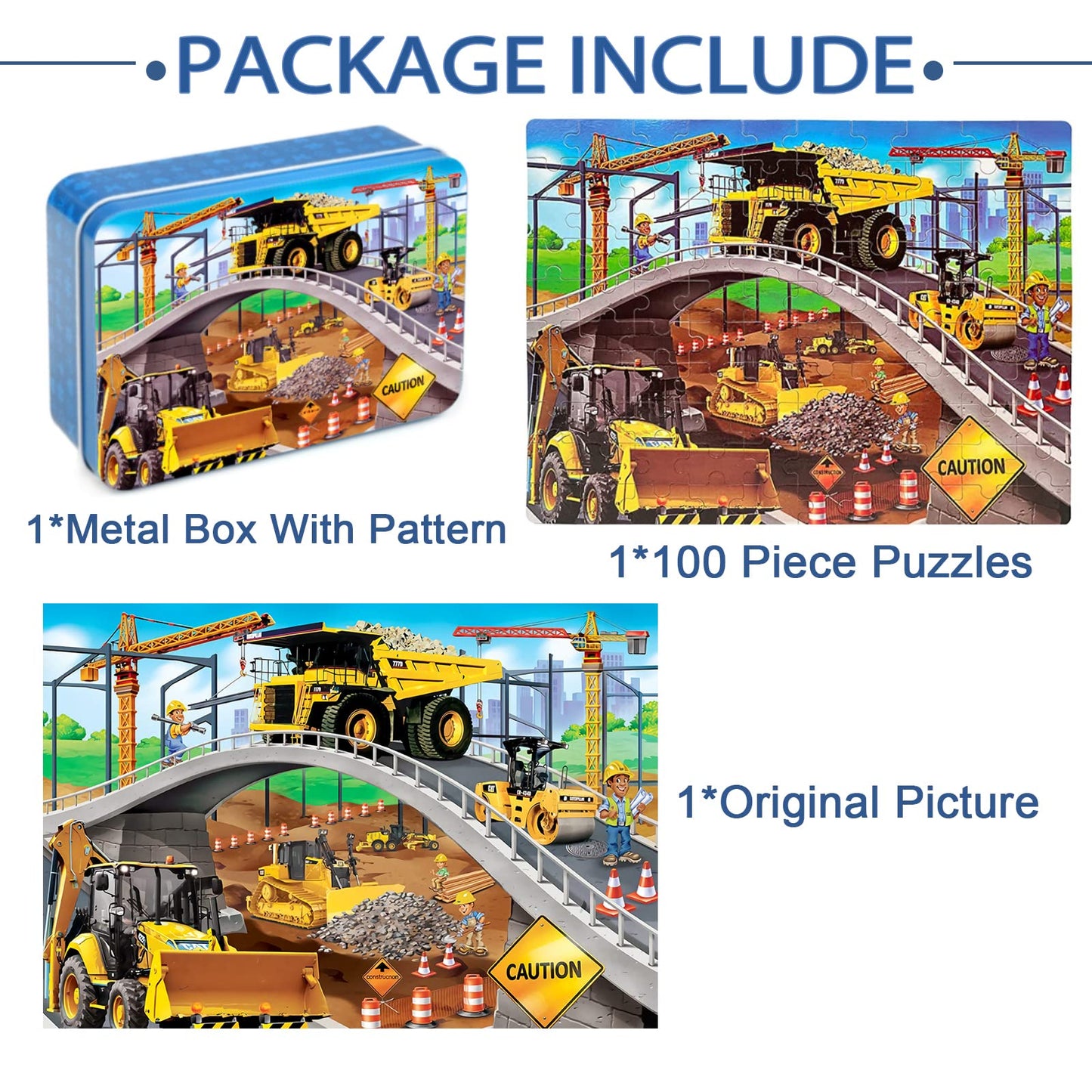 LELEMON Puzzles for Kids Ages 4-8 – 100-Piece Construction Site Jigsaw in Metal Box