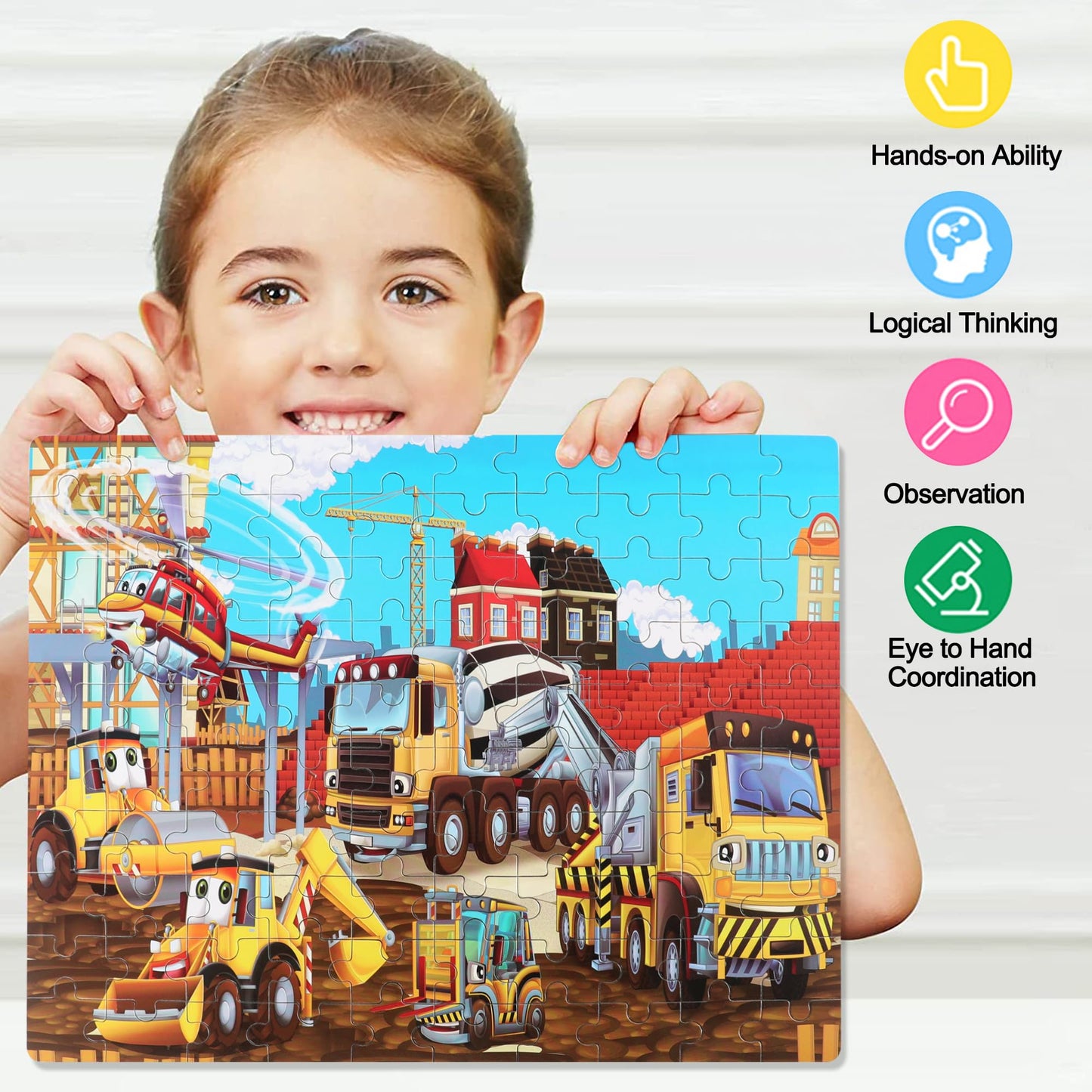 LELEMON Puzzles for Kids Ages 4-8 | 100-Piece Construction Vehicles Jigsaw Puzzle Set