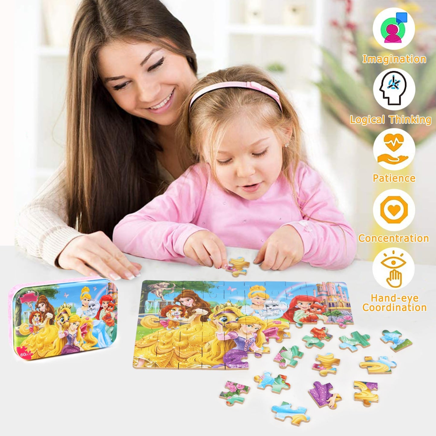 LELEMON 60-Piece Puzzles for Kids Ages 3-6 in Metal Box | Educational Jigsaw Toys