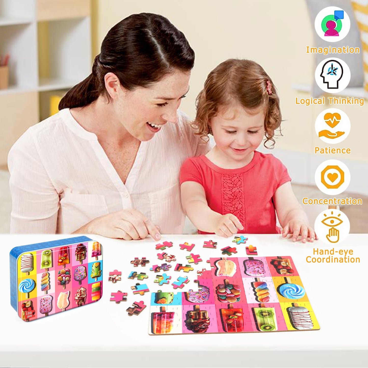 LELEMON Puzzles for Kids Ages 4-6 – 100-Piece Popsicle Puzzle in Metal Box
