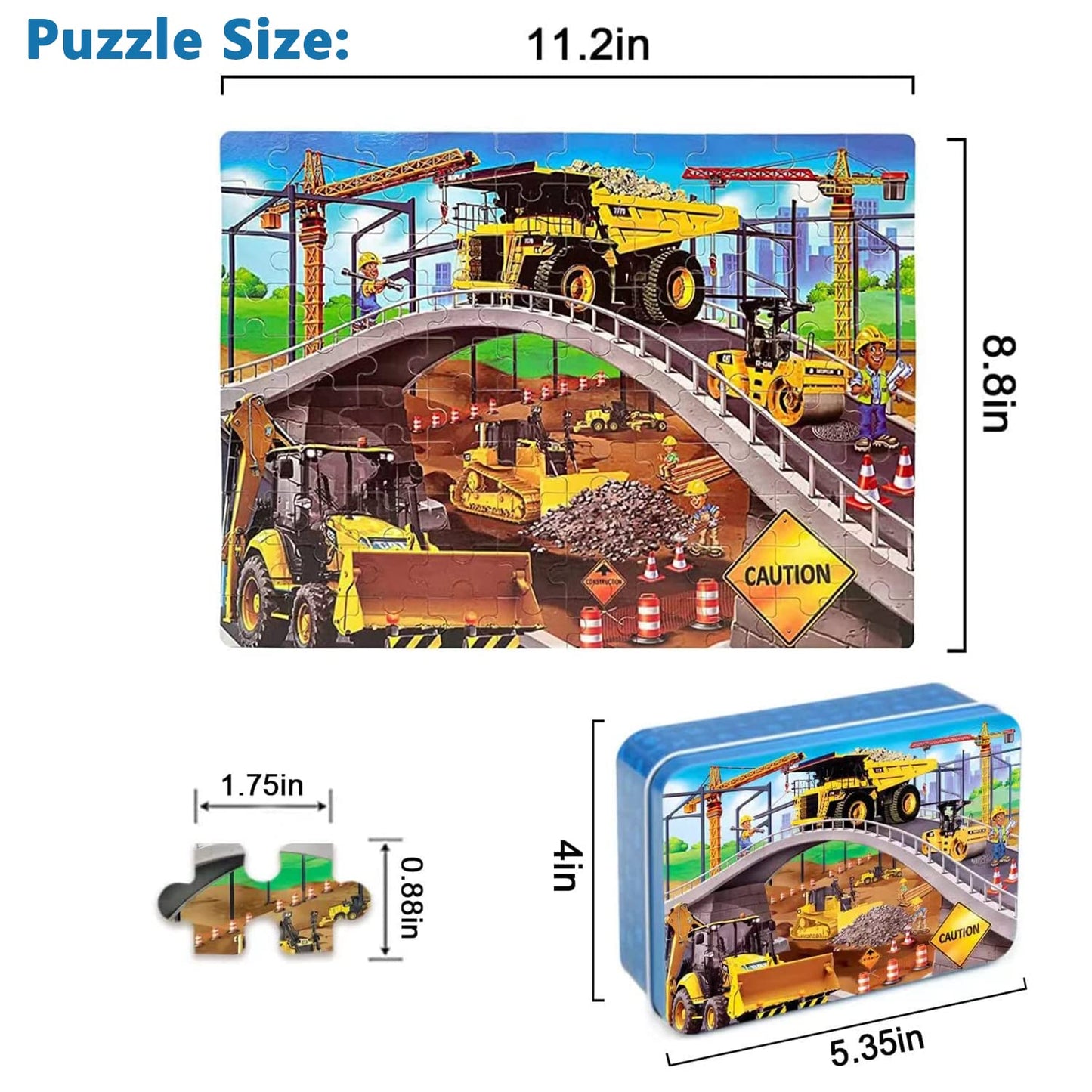 LELEMON Puzzles for Kids Ages 4-8 – 100-Piece Construction Site Jigsaw in Metal Box