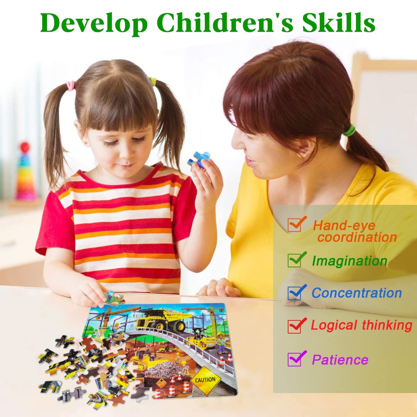 LELEMON Puzzles for Kids Ages 4-8 – 100-Piece Construction Site Jigsaw in Metal Box