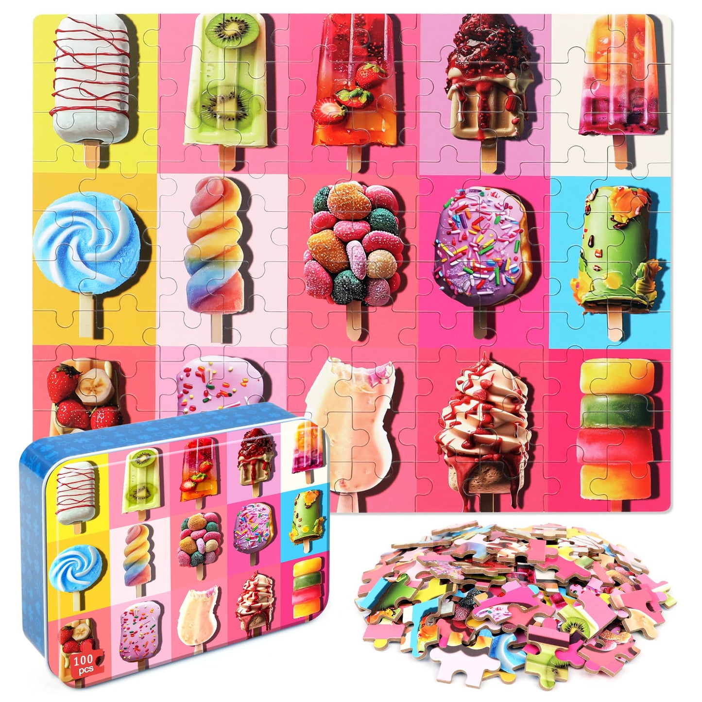 LELEMON Puzzles for Kids Ages 4-6 – 100-Piece Popsicle Puzzle in Metal Box
