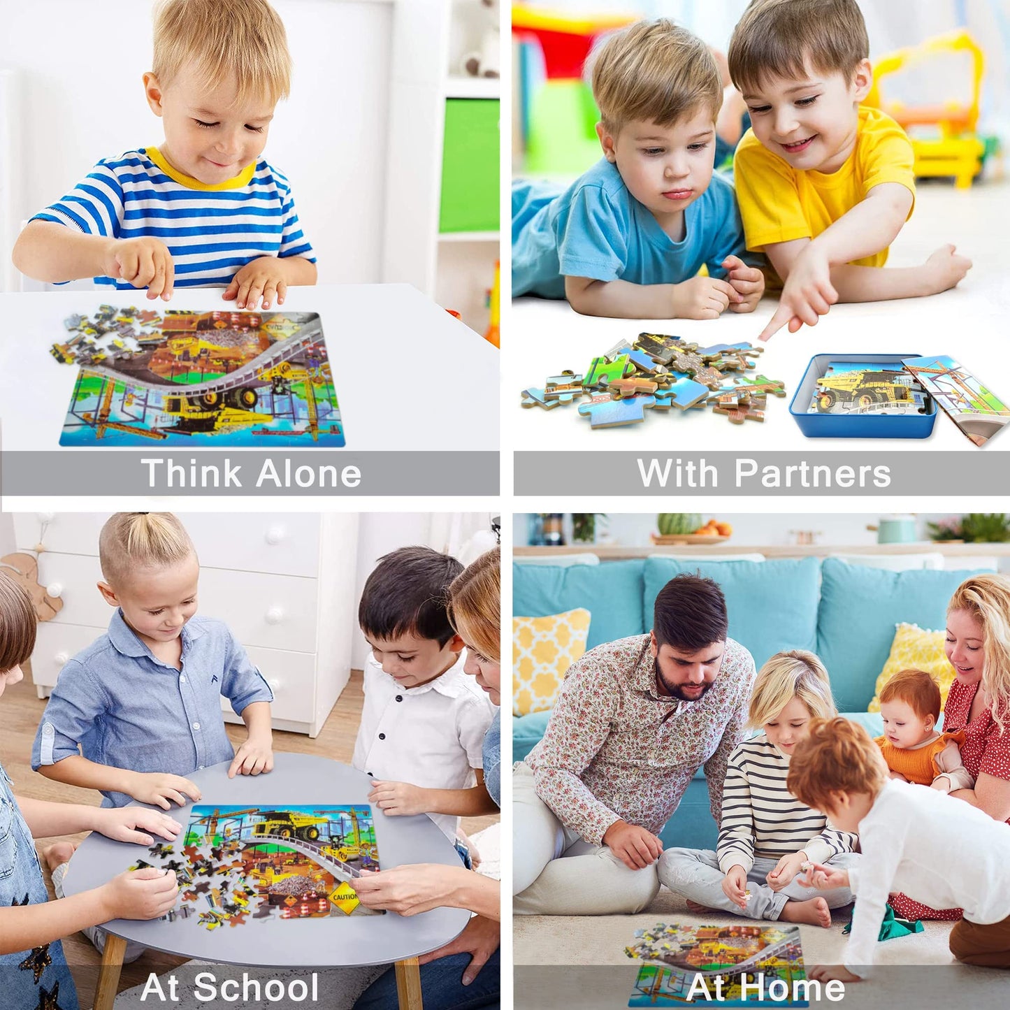 LELEMON Puzzles for Kids Ages 4-8 – 100-Piece Construction Site Jigsaw in Metal Box