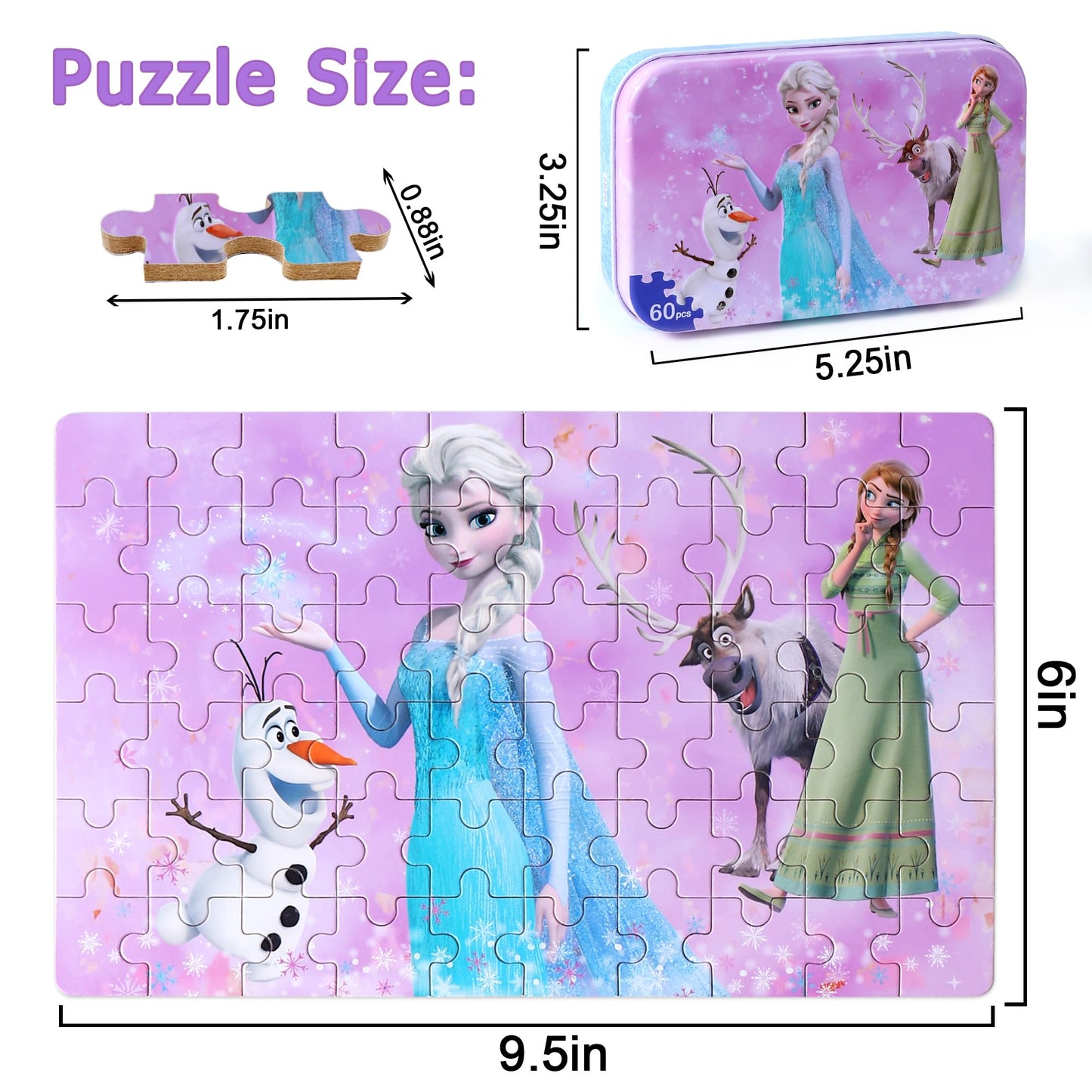 LELEMON Pretty Girl and Snowman 60-Piece Puzzles in Metal Box – Educational Jigsaws for Kids Aged 3-6