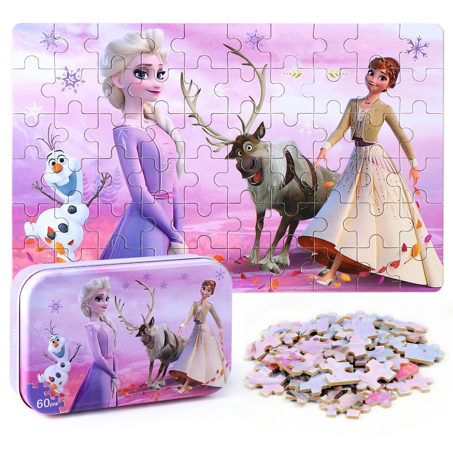 LELEMON Pretty Puzzles for Kids 4-6 — Snowmen 60-Piece Jigsaw in Metal Box