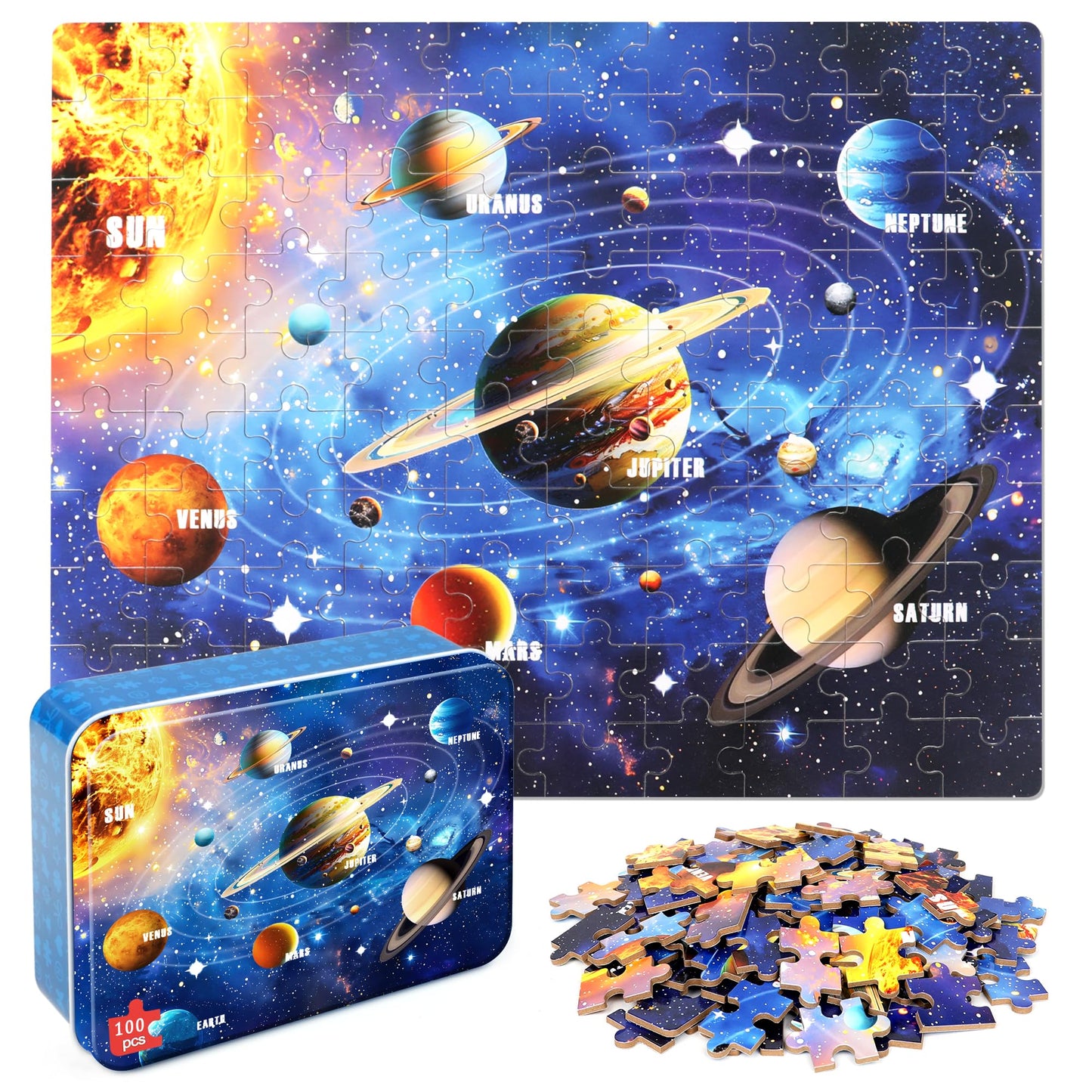 LELEMON 100-Piece Solar System Jigsaw Puzzles for Kids 4-8 – Educational & Portable Tin Box