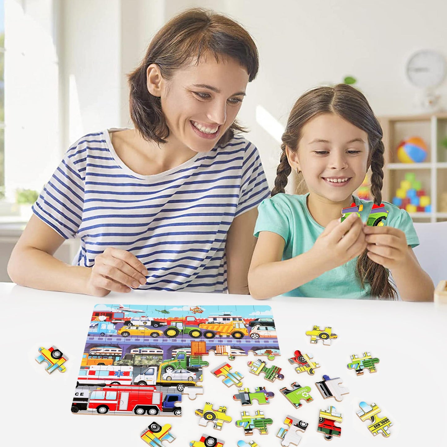 LELEMON 60-Piece Traffic Jam Puzzle for Kids 4-8 – Transportation Vehicles Educational Toy