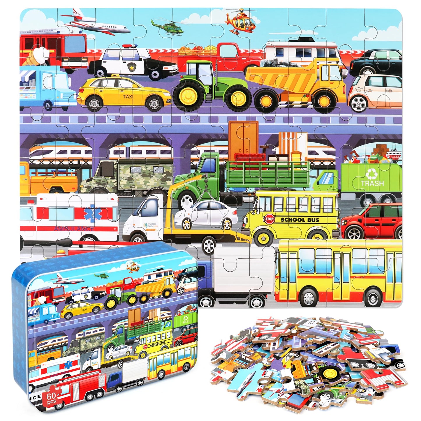 LELEMON 60-Piece Traffic Jam Puzzle for Kids 4-8 – Transportation Vehicles Educational Toy