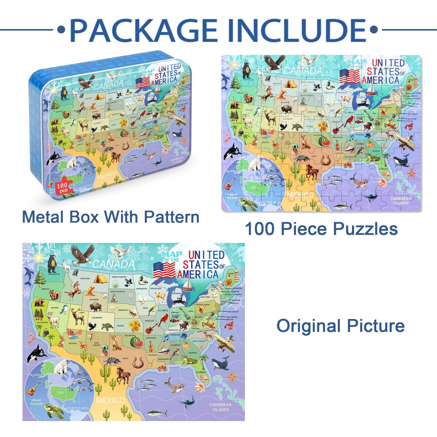 LELEMON USA Map 100-Piece Puzzle for Kids 4-8 in Metal Box | Educational Jigsaw