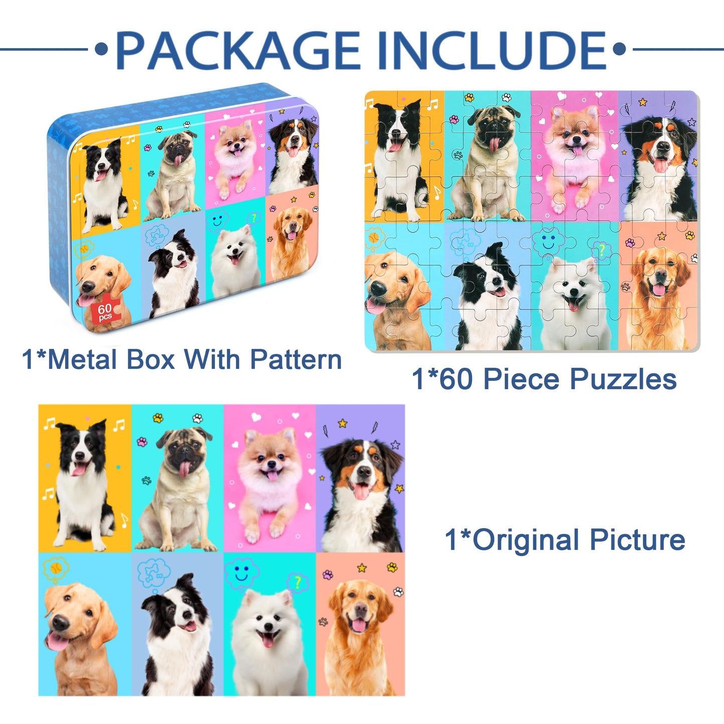 LELEMON Dog Puzzle 60-Piece for Kids 4-8 | Metal Storage Box | Educational Jigsaw