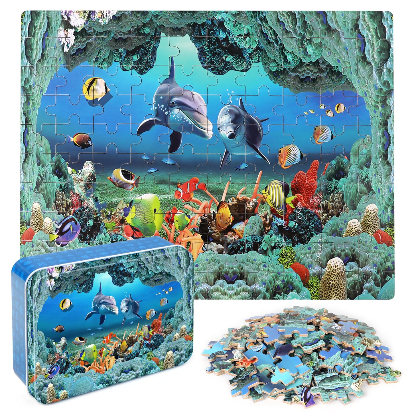 LELEMON Underwater World Puzzles for Kids 4-8 – 100 Piece Ocean Dolphins Jigsaw