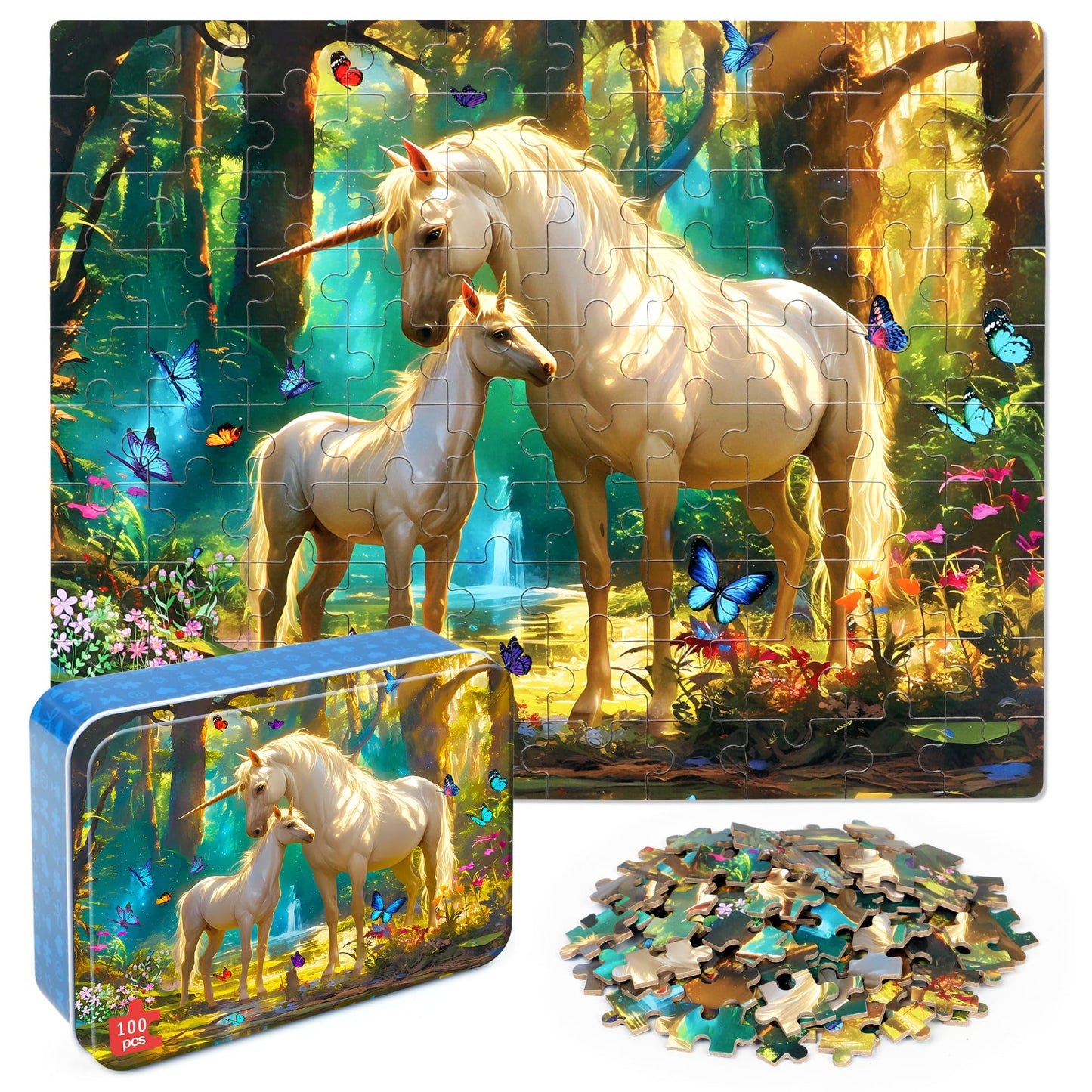 LELEMON Unicorn 100-Piece Puzzle for Kids 4-8 — Metal Storage Box
