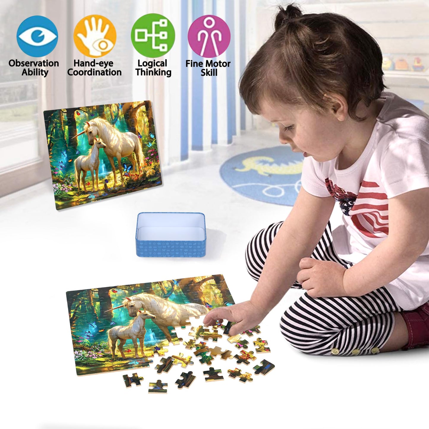 LELEMON Unicorn 100-Piece Puzzle for Kids 4-8 — Metal Storage Box