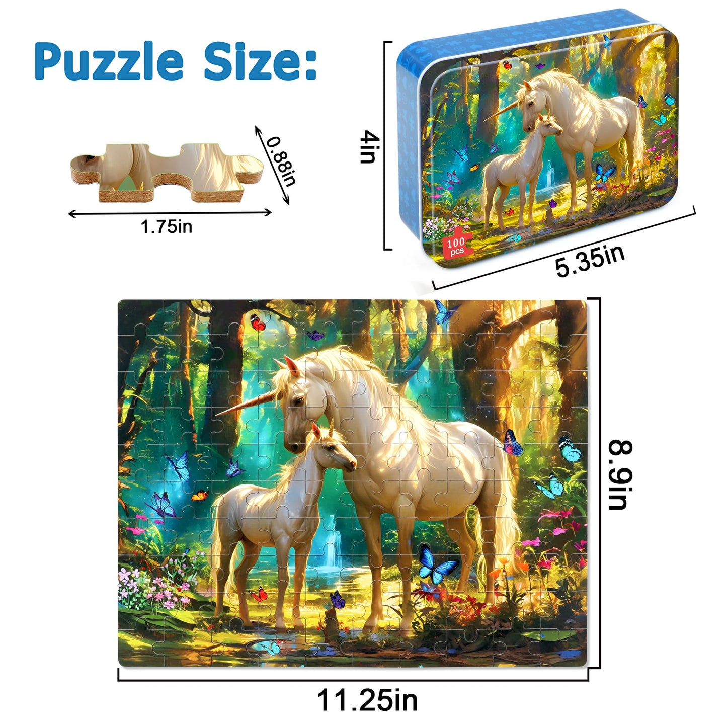 LELEMON Unicorn 100-Piece Puzzle for Kids 4-8 — Metal Storage Box