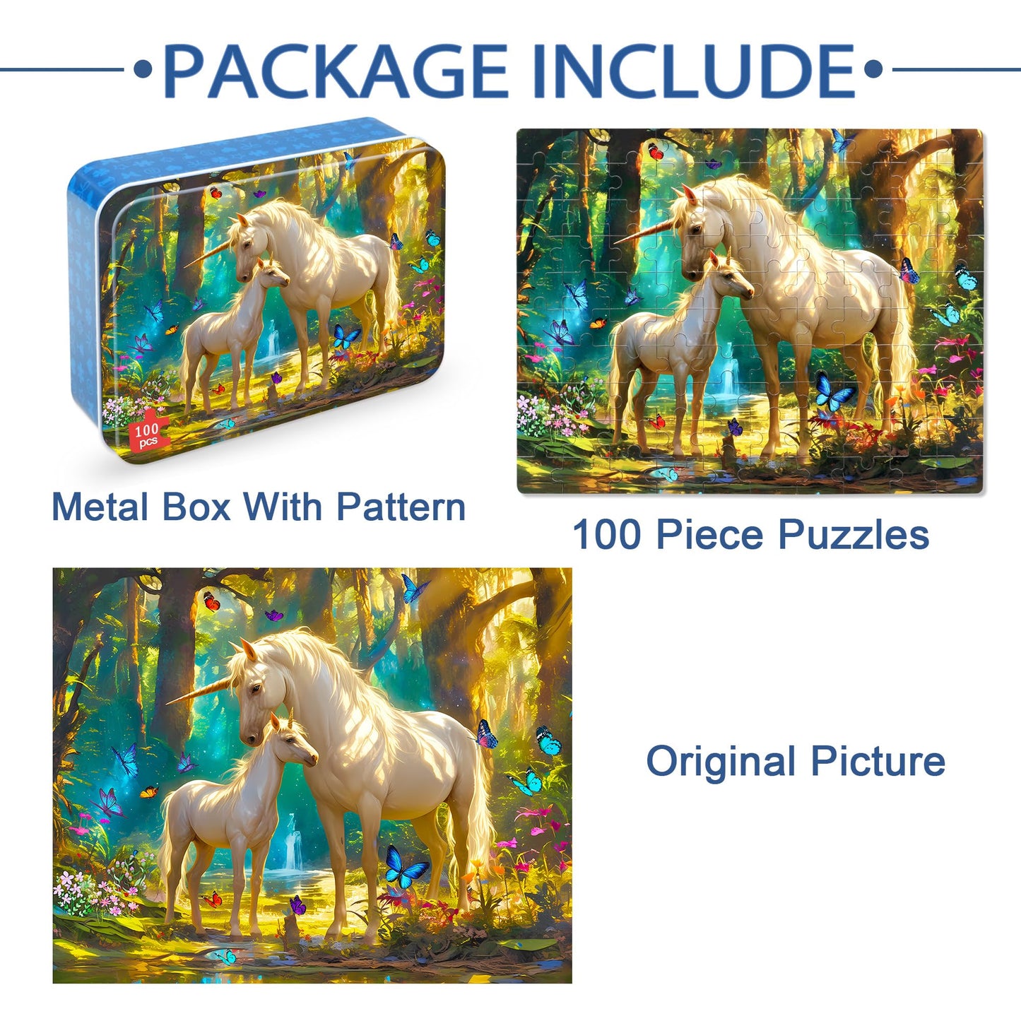 LELEMON Unicorn 100-Piece Puzzle for Kids 4-8 — Metal Storage Box
