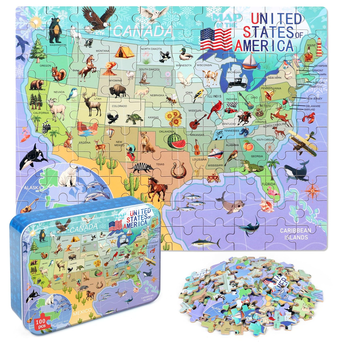 LELEMON USA Map 100-Piece Puzzle for Kids 4-8 in Metal Box | Educational Jigsaw
