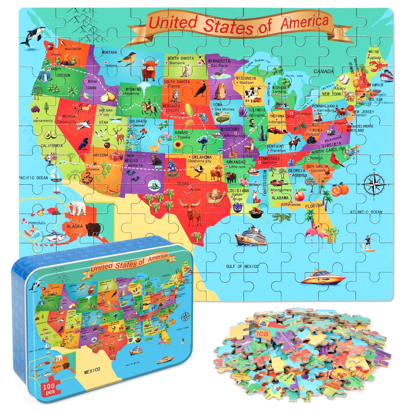 LELEMON USA Map 100-Piece Puzzle for Kids 4-8 in Metal Box | Educational Jigsaw