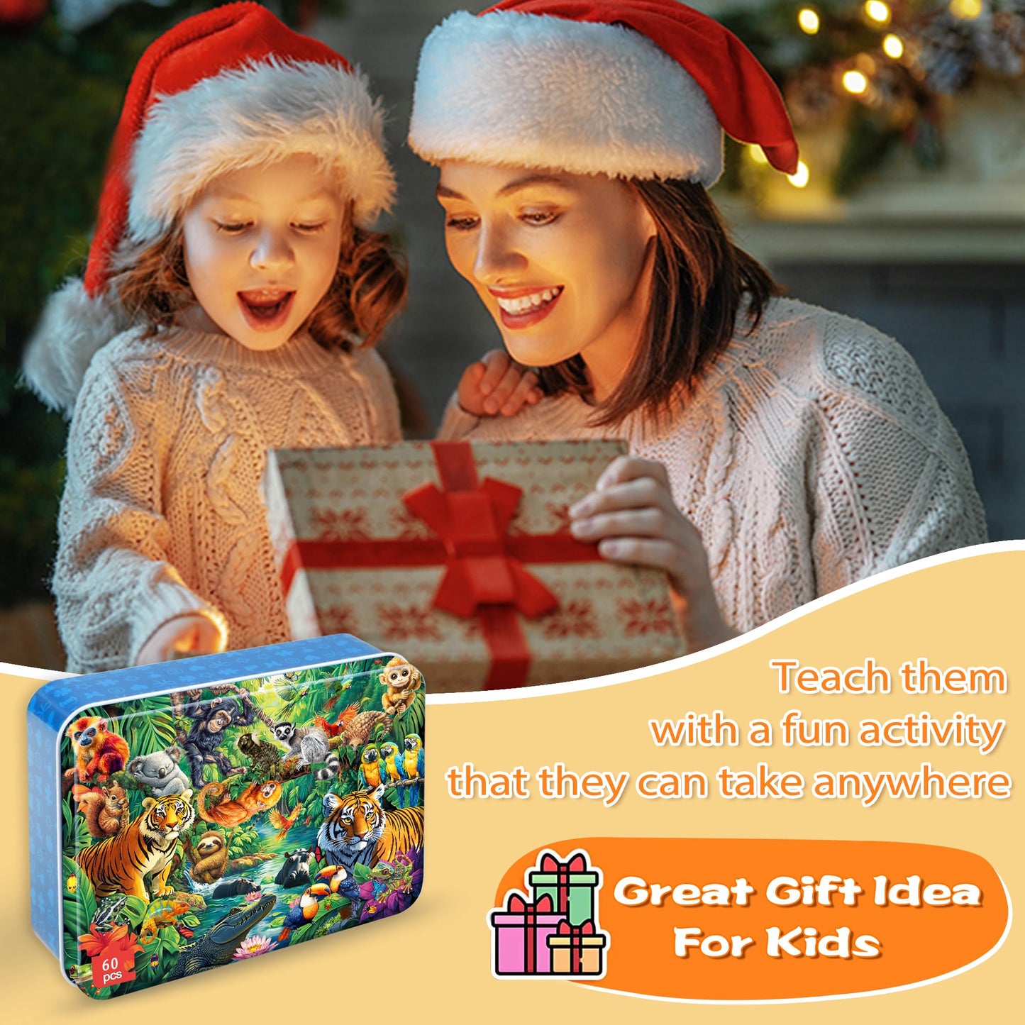 LELEMON Jungle Puzzle for Kids 4-6 – 60-Piece Jigsaw in Metal Storage Box