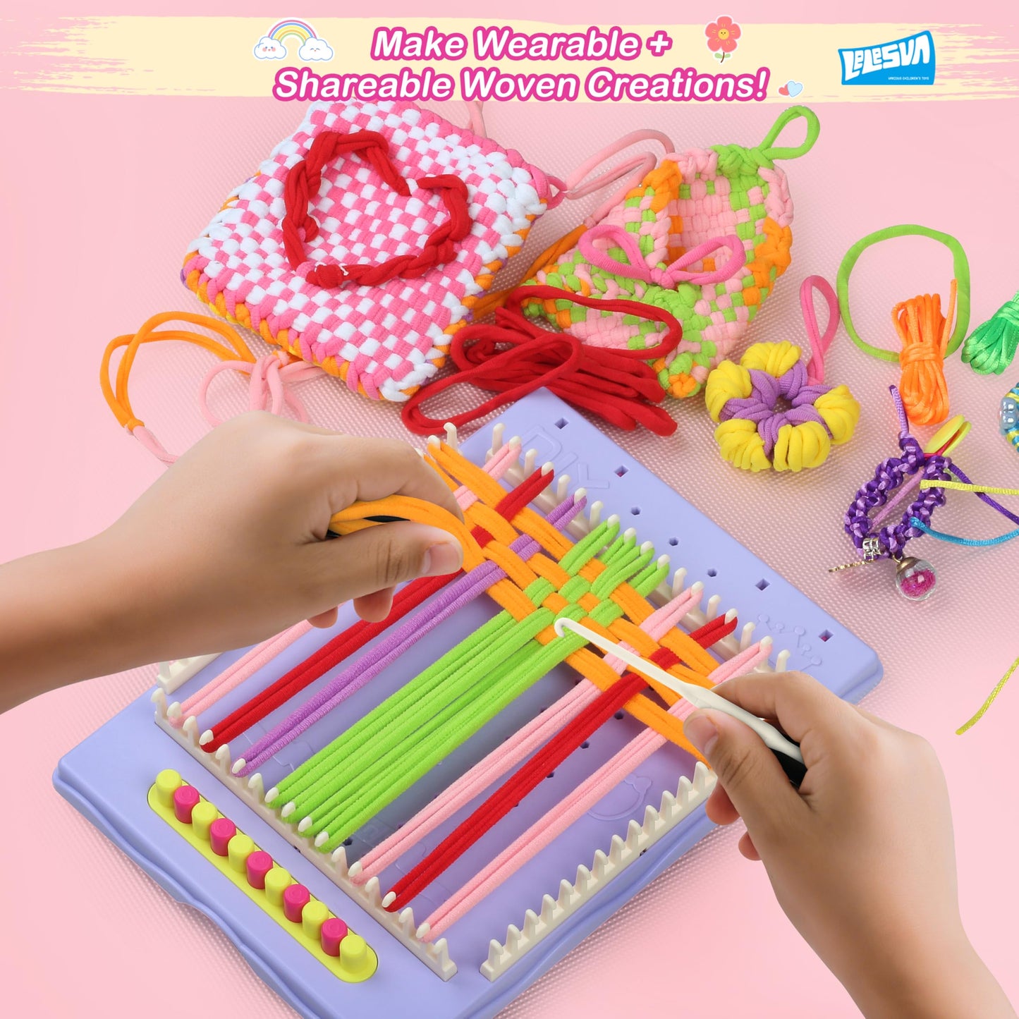 LELESUN 3-in-1 Weaving Loom Kit – 400 Pcs, Rainbow Loops, Storage Box for Kids 5-13