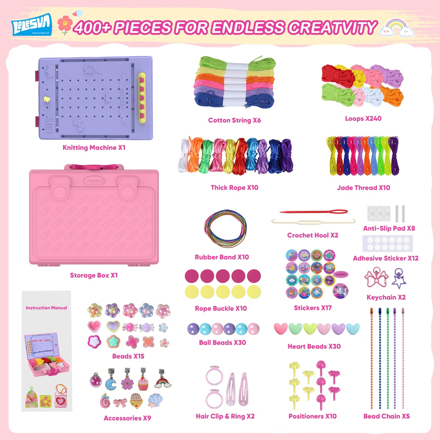 LELESUN 3-in-1 Weaving Loom Kit – 400 Pcs, Rainbow Loops, Storage Box for Kids 5-13