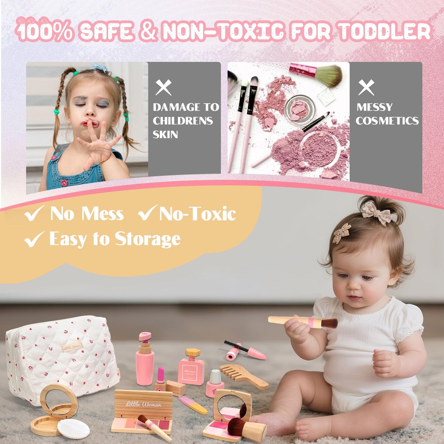 Lemofix Wooden Pretend Makeup Kit for Toddlers – Non-Toxic, Mess-Free Play Makeup Toy Set for 2–4 Year Old Girls