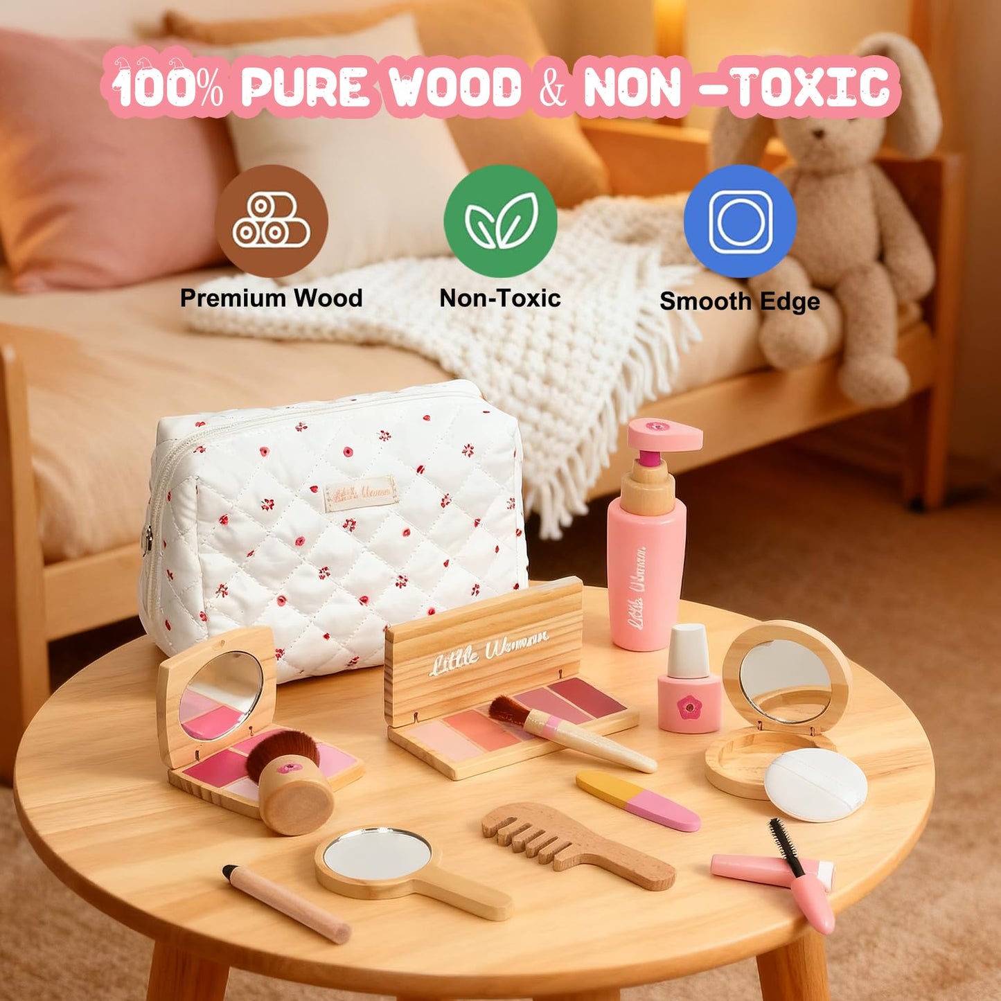 Lemofix Wooden Pretend Makeup Kit for Toddlers – Non-Toxic, Mess-Free Play Makeup Toy Set for 2–4 Year Old Girls