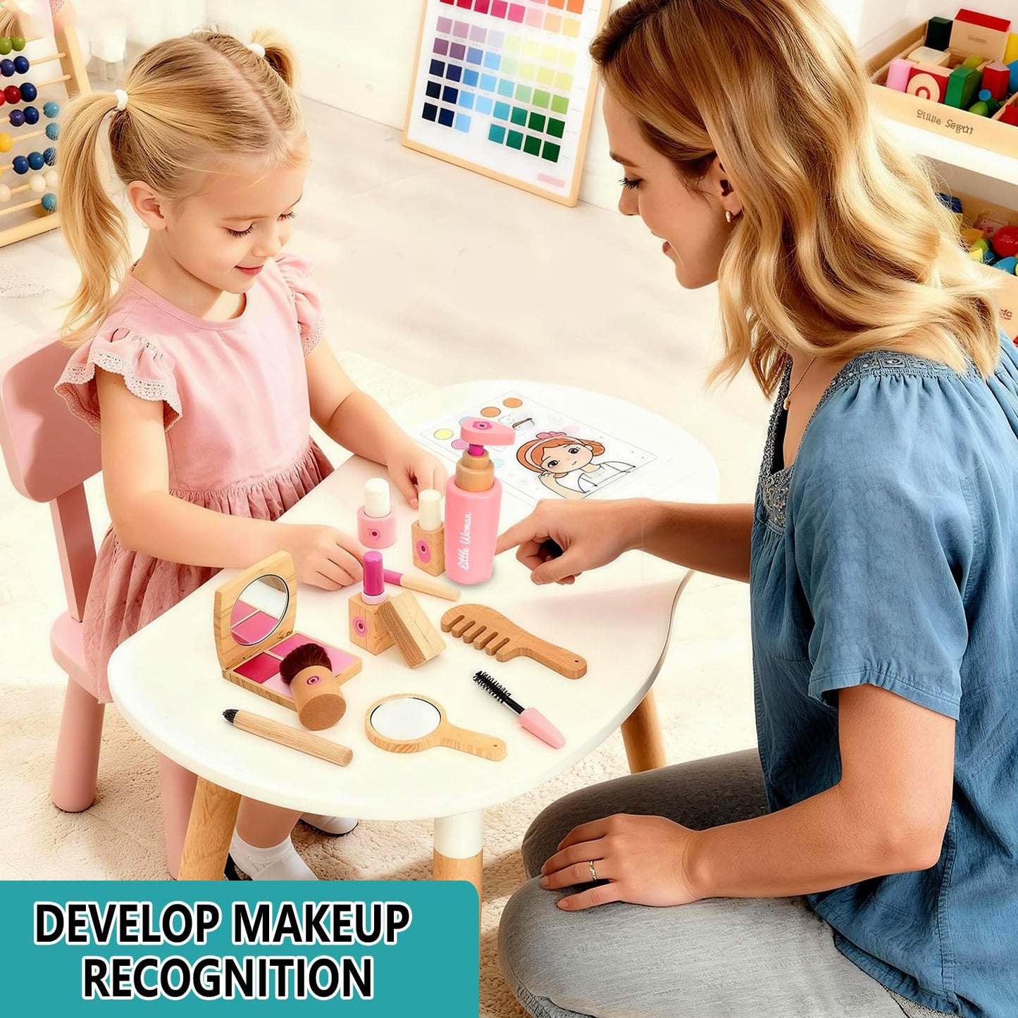 Lemofix Wooden Pretend Makeup Kit for Toddlers – Non-Toxic, Mess-Free Play Makeup Toy Set for 2–4 Year Old Girls