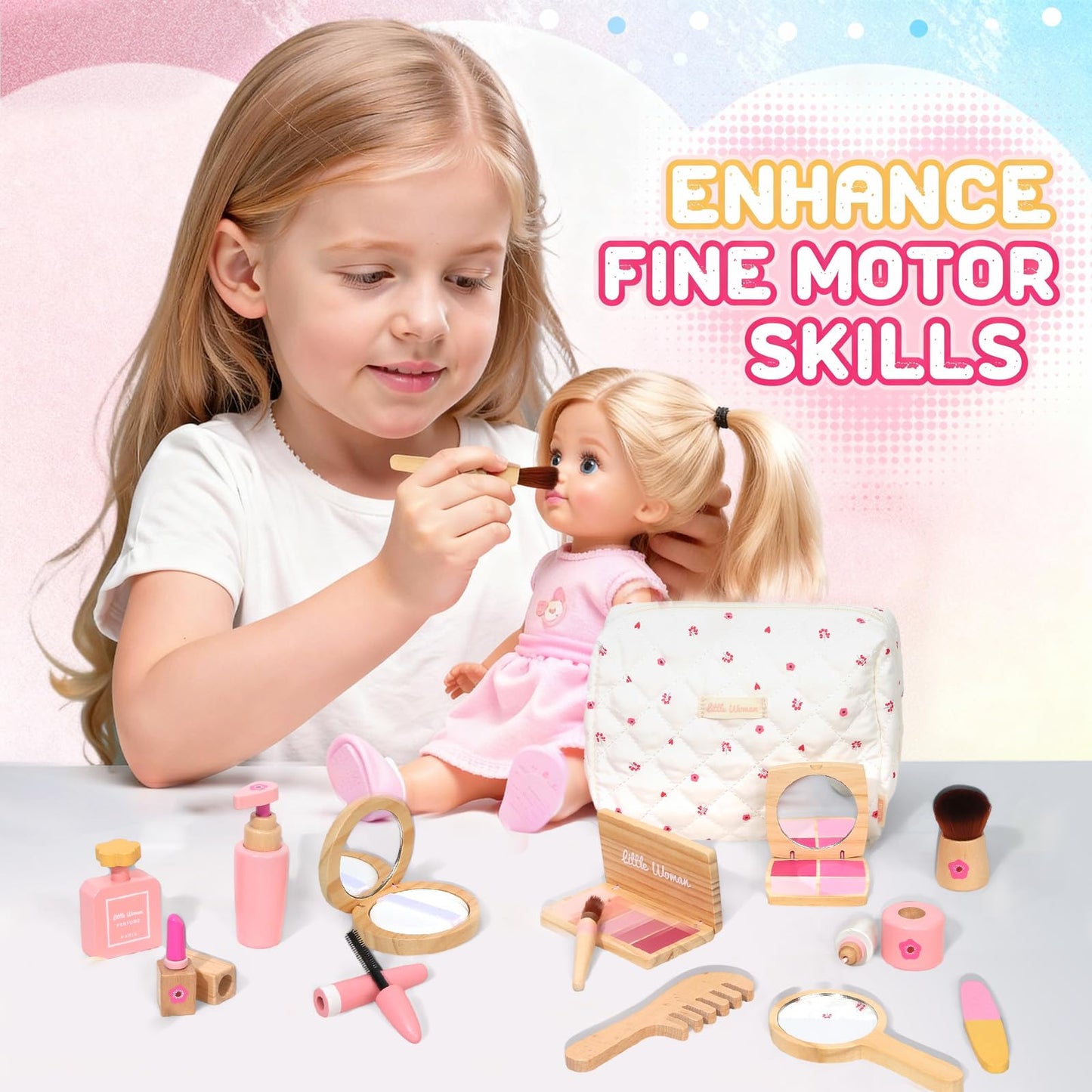 Lemofix Wooden Pretend Makeup Kit for Toddlers – Non-Toxic, Mess-Free Play Makeup Toy Set for 2–4 Year Old Girls