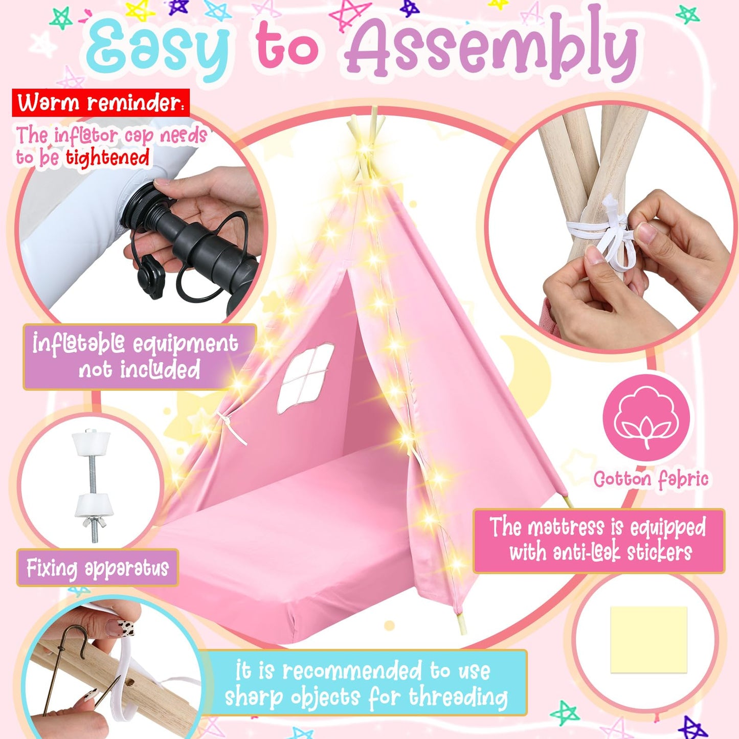 Lemosae 4-Pack Teepee Tents Sleepover Kit for Kids — Lights, Air Beds & Sheets