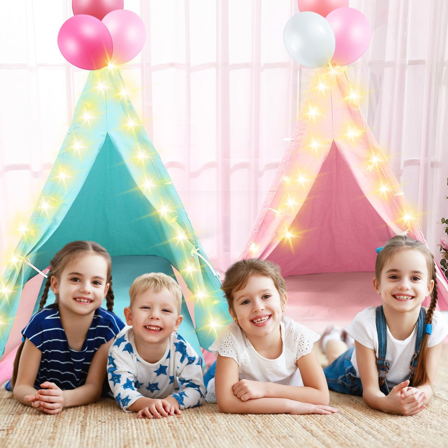 Lemosae 4-Pack Teepee Tents Sleepover Kit for Kids — Lights, Air Beds & Sheets