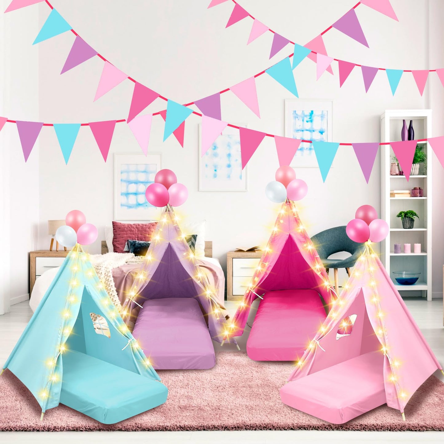 Lemosae 4-Pack Teepee Tents Sleepover Kit for Kids — Lights, Air Beds & Sheets