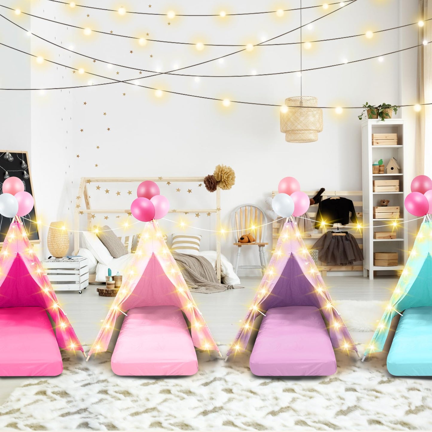 Lemosae 4-Pack Teepee Tents Sleepover Kit for Kids — Lights, Air Beds & Sheets