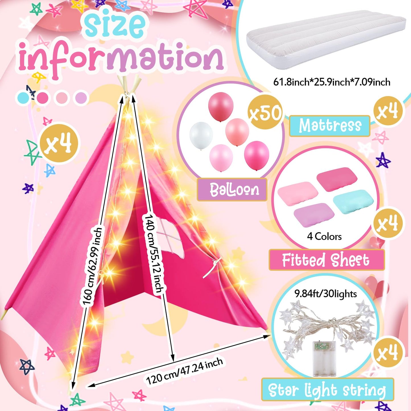 Lemosae 4-Pack Teepee Tents Sleepover Kit for Kids — Lights, Air Beds & Sheets