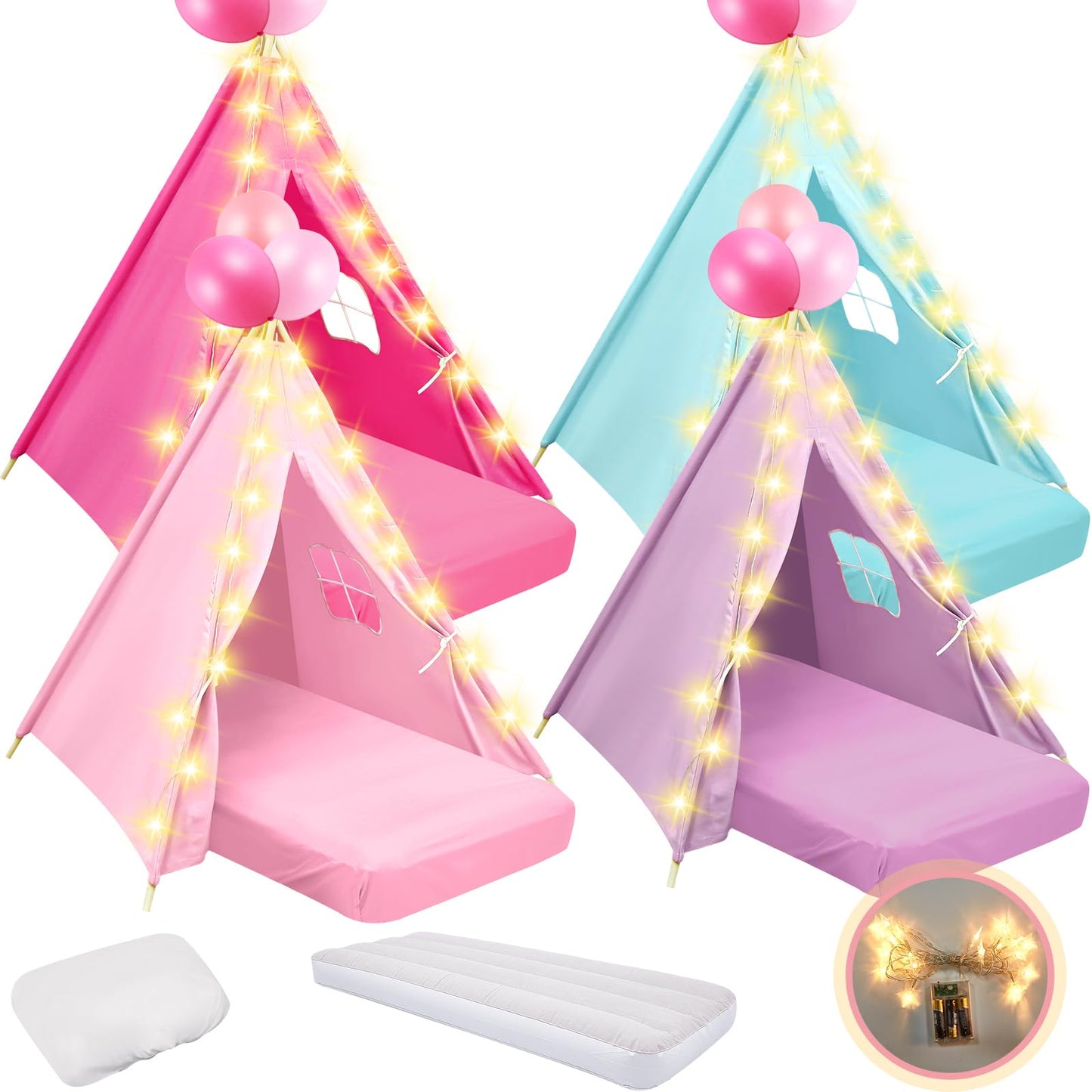 Lemosae 4-Pack Teepee Tents Sleepover Kit for Kids — Lights, Air Beds & Sheets