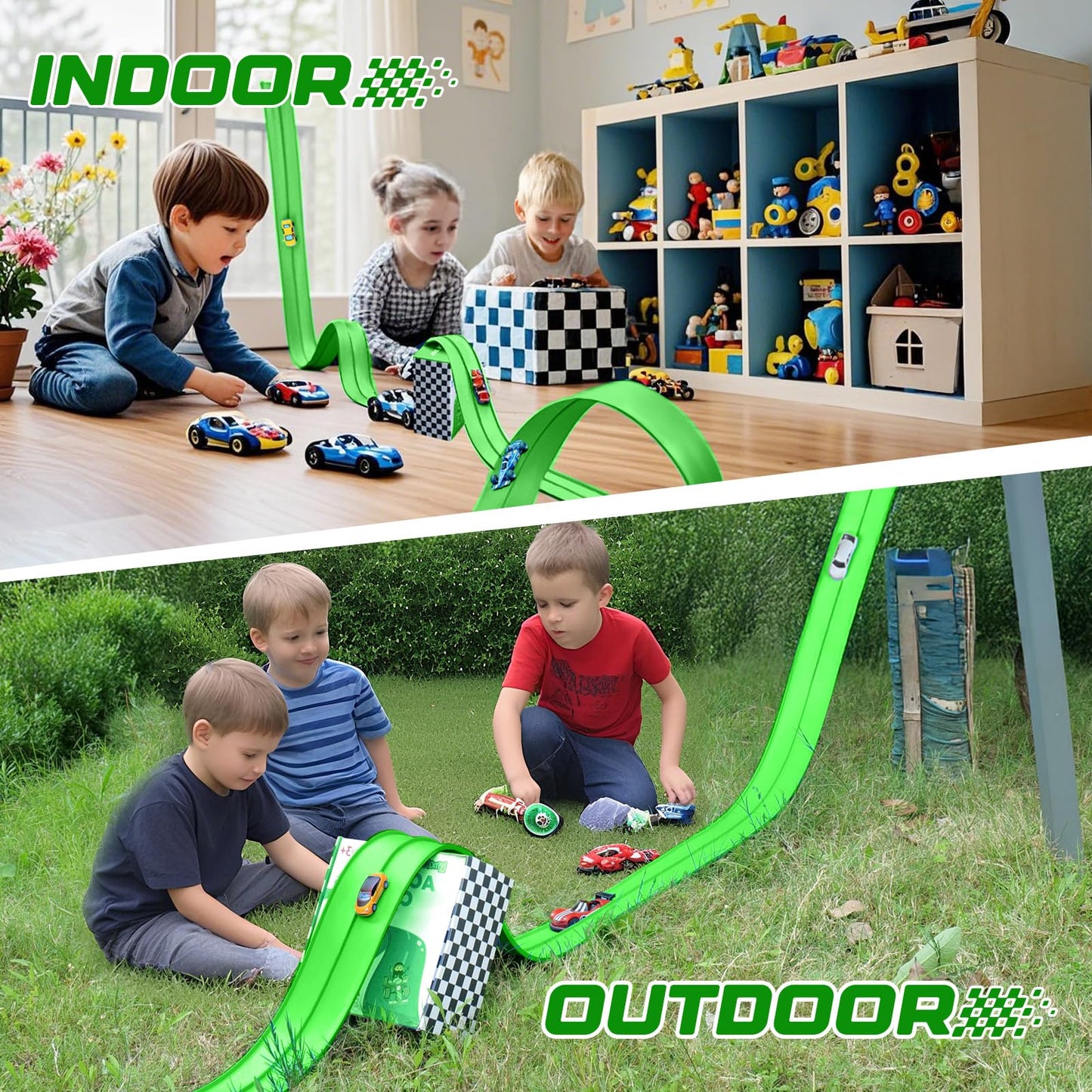 Lemostaar Flexible Race Track 15 Ft – Classic Green, Suction Cups, 1/64 Die-Cast Compatible