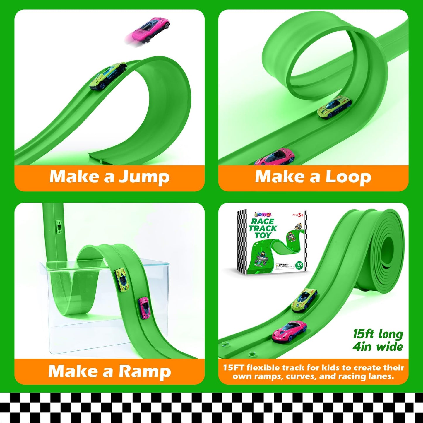 Lemostaar Flexible Race Track 15 Ft – Classic Green, Suction Cups, 1/64 Die-Cast Compatible