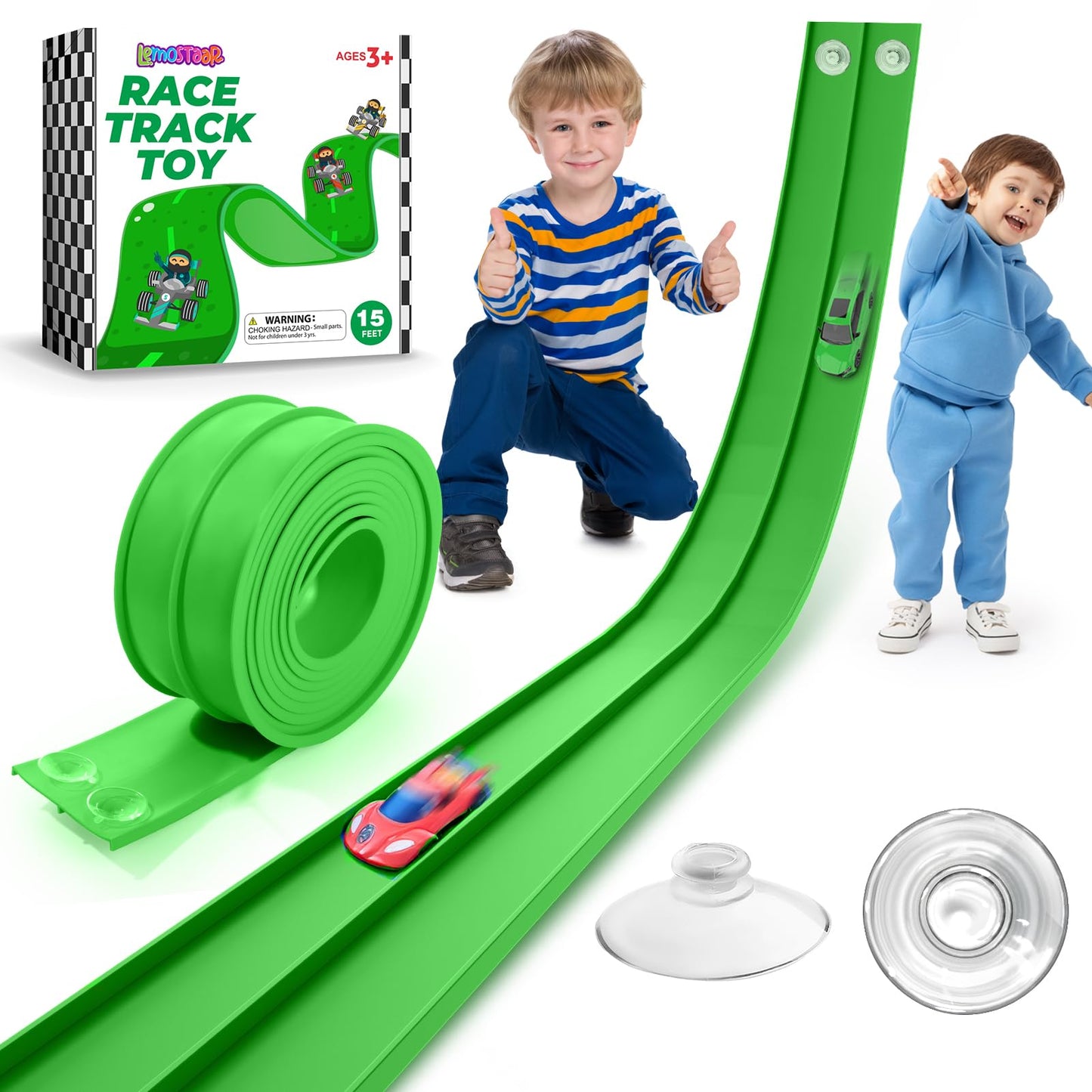 Lemostaar Flexible Race Track 15 Ft – Classic Green, Suction Cups, 1/64 Die-Cast Compatible