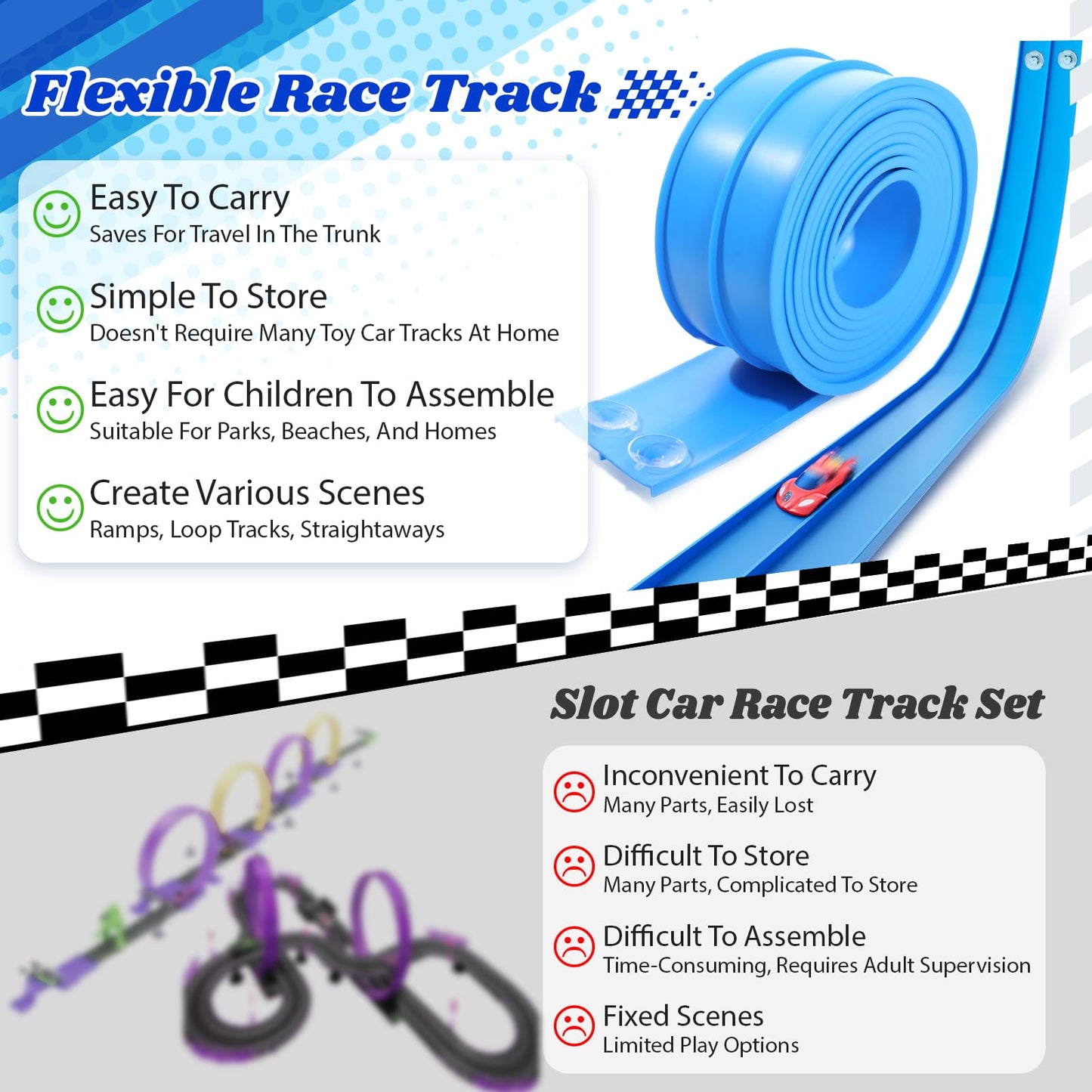 Lemostaar 15ft Flexible Race Track – Roll-Up DIY Ramp with Suction Cups for 1/64 Die-Cast Cars