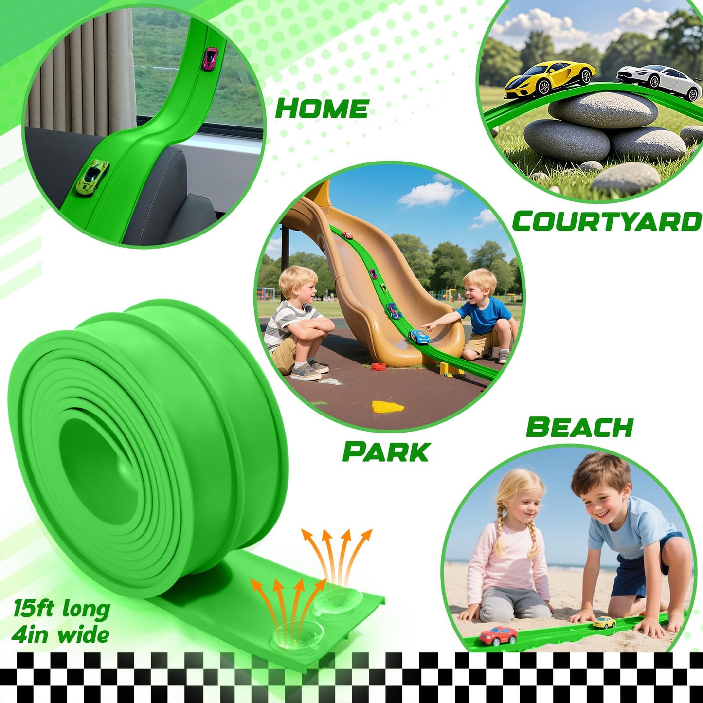 Lemostaar Flexible Race Track 15 Ft – Classic Green, Suction Cups, 1/64 Die-Cast Compatible