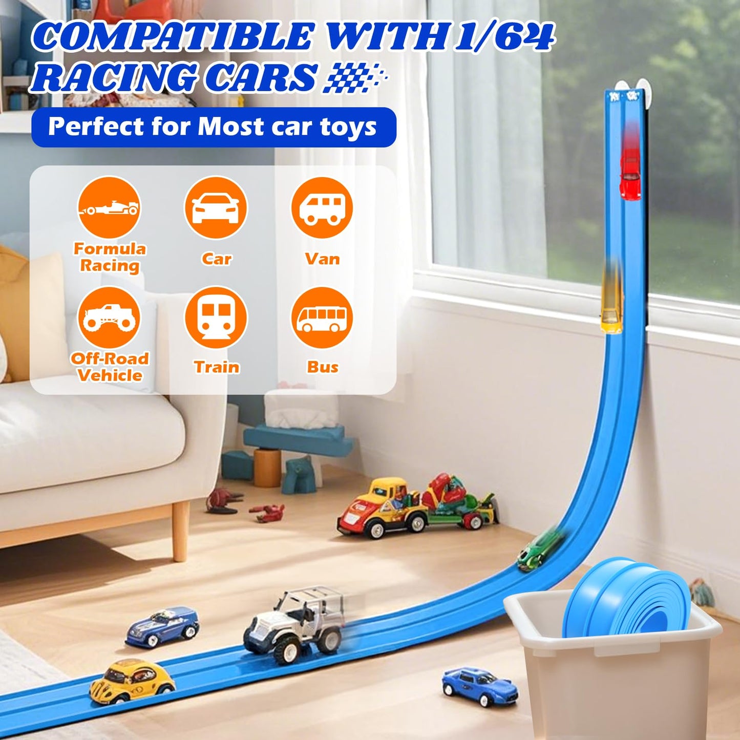 Lemostaar 15ft Flexible Race Track – Roll-Up DIY Ramp with Suction Cups for 1/64 Die-Cast Cars