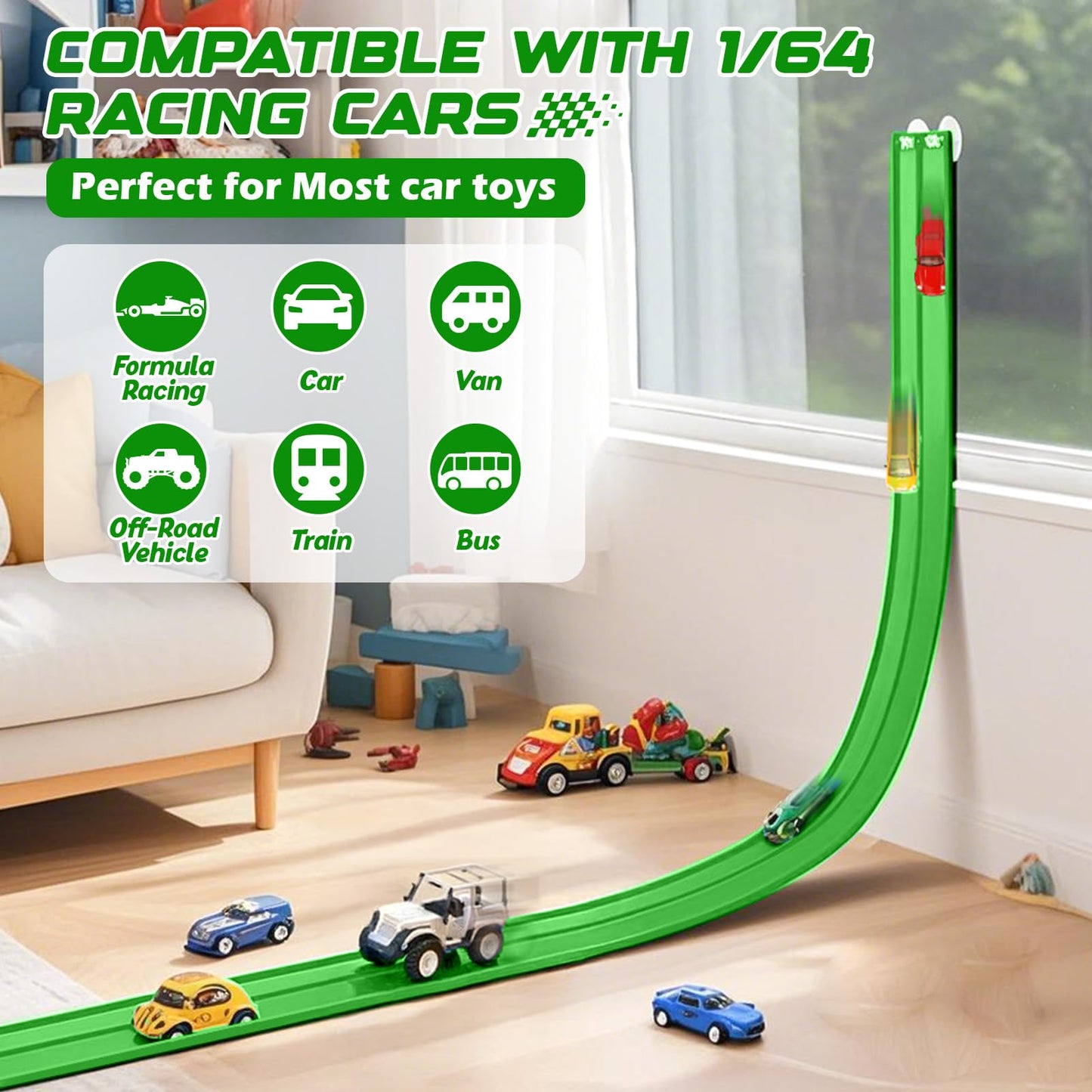 Lemostaar Flexible Race Track 15 Ft – Classic Green, Suction Cups, 1/64 Die-Cast Compatible