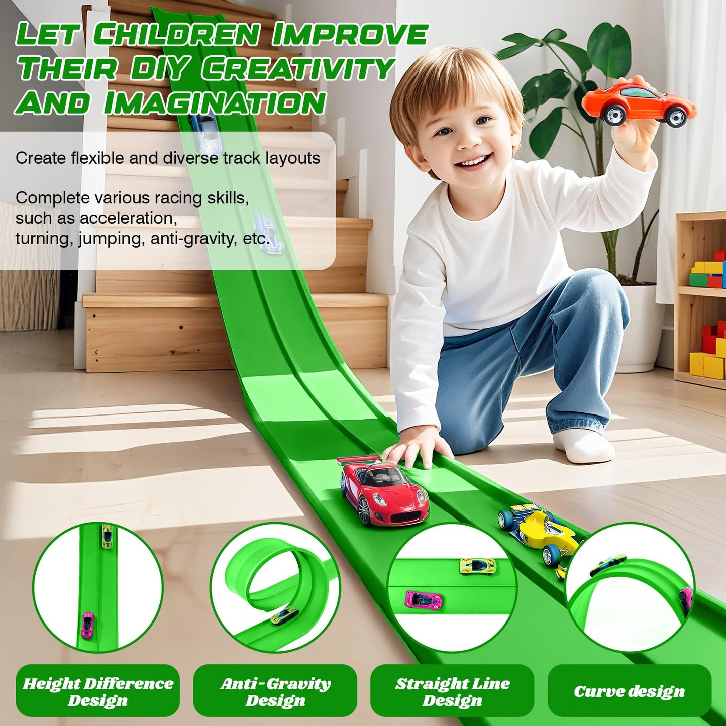 Lemostaar Flexible Race Track 15 Ft – Classic Green, Suction Cups, 1/64 Die-Cast Compatible